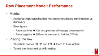 Row Placement Model: Performance
§ Metrics
§ Achieved high classification metrics for predicting continuation vs
discovery
§ Error types:
§ False positives è CW occupies top of the page unnecessarily
§ False negative è Difficult for member to find the CW title
§ Placing the row
§ Threshold trades off FP and FN è Hard to tune offline
§ Tuned the threshold by A/B testing
31
 
