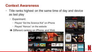 Context Awareness
§ Title ranks highest on the same time of day and device
as last play
§ Experiment:
§ Played “Sid the Science Kid” on iPhone
§ Played “Narcos” on the website
è Different ranking on iPhone and Web
33
 