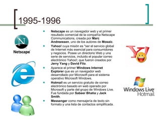 1995-1996 Netscape  es un navegador web y el primer resultado comercial de la compañía Netscape Communications, creada por  Marc Andreessen , uno de los autores de  Mosaic . Yahoo!  cuya misión es "ser el servicio global de Internet más esencial para consumidores y negocios. Posee un directorio Web y una serie de servicios, incluido el popular correo electrónico Yahoo!; que fueron creados por  Jerry Yang  y  David Filo . Aparece el primer  Windows Internet Explorer  que   es un navegador web desarrollado por Microsoft para el sistema operativo Microsoft Windows. Hotmail  es un servicio gratuito de correo electrónico basado en web operado por Microsoft y parte del grupo de Windows Live. Fue fundada por  Sabeer Bhatia  y  Jack Smith . Messenger  como mensajería de texto sin formato y una lista de contactos simplificada. 