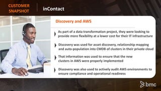 © Copyright 2016 BMC Software, Inc. 1
inContact
CUSTOMER
SNAPSHOT
Discovery and AWS
As part of a data transformation project, they were looking to
provide more flexibility at a lower cost for their IT infrastructure
Discovery was used for asset discovery, relationship mapping
and auto-population into CMDB of clusters in their private cloud
That information was used to ensure that the new
clusters in AWS were properly implemented
Discovery was also used to actively audit AWS environments to
ensure compliance and operational readiness
 