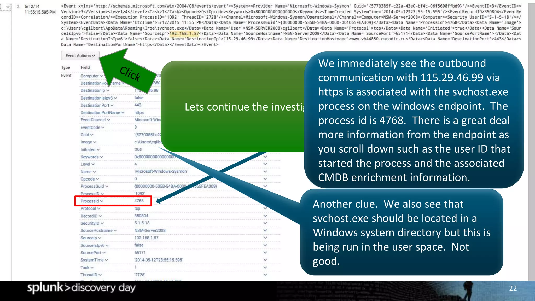 22
Exfiltration of data is a serious
concern and outbound
communication to external entity
that has a known threat intel
indicator, especially when it is
encrypted as in this case.
Lets continue the investigation.
Another clue. We also see that
svchost.exe should be located in a
Windows system directory but this is
being run in the user space. Not
good.
We immediately see the outbound
communication with 115.29.46.99 via
https is associated with the svchost.exe
process on the windows endpoint. The
process id is 4768. There is a great deal
more information from the endpoint as
you scroll down such as the user ID that
started the process and the associated
CMDB enrichment information.
 