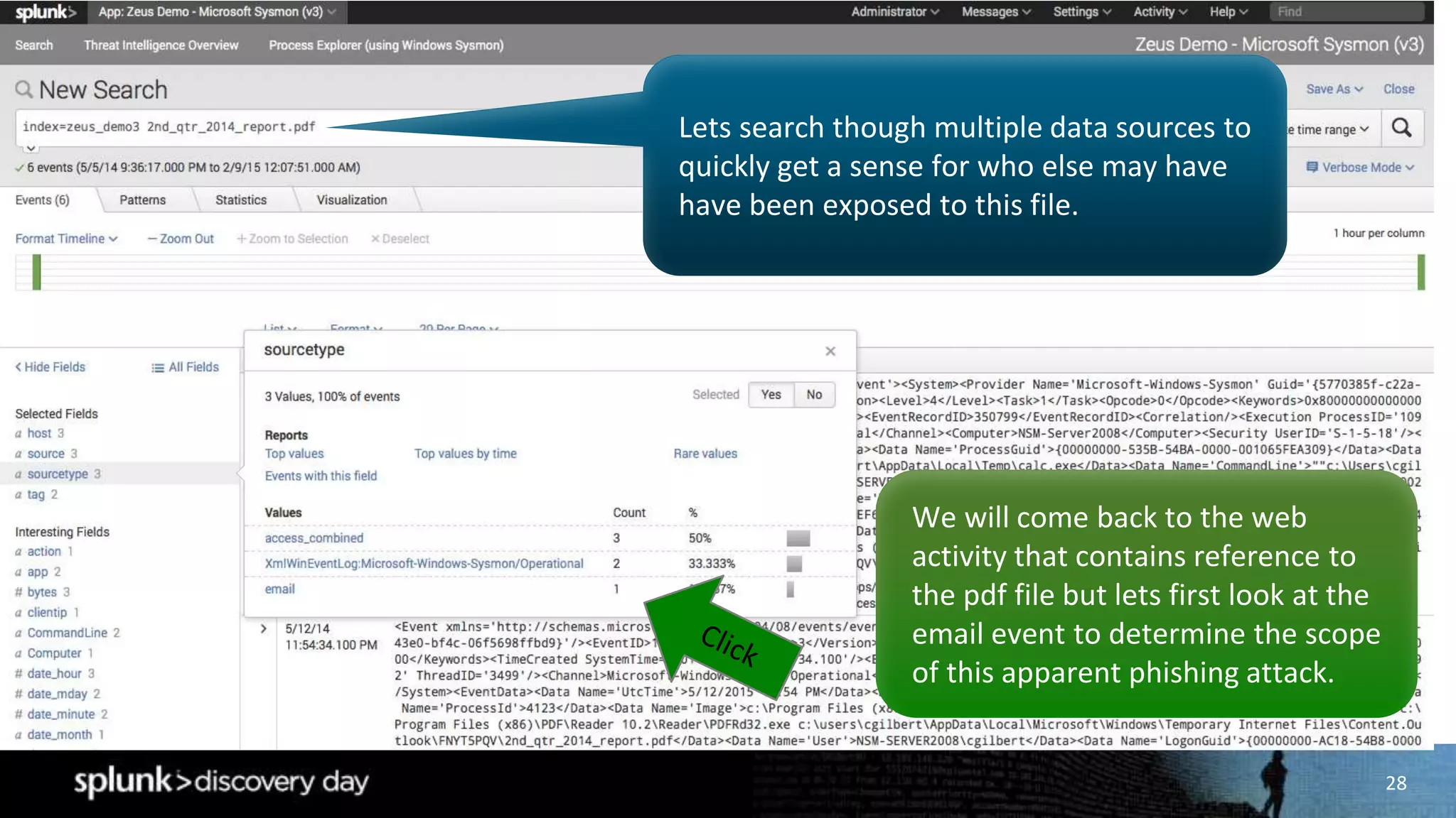 28
Lets search though multiple data sources to
quickly get a sense for who else may have
have been exposed to this file.
We will come back to the web
activity that contains reference to
the pdf file but lets first look at the
email event to determine the scope
of this apparent phishing attack.
 