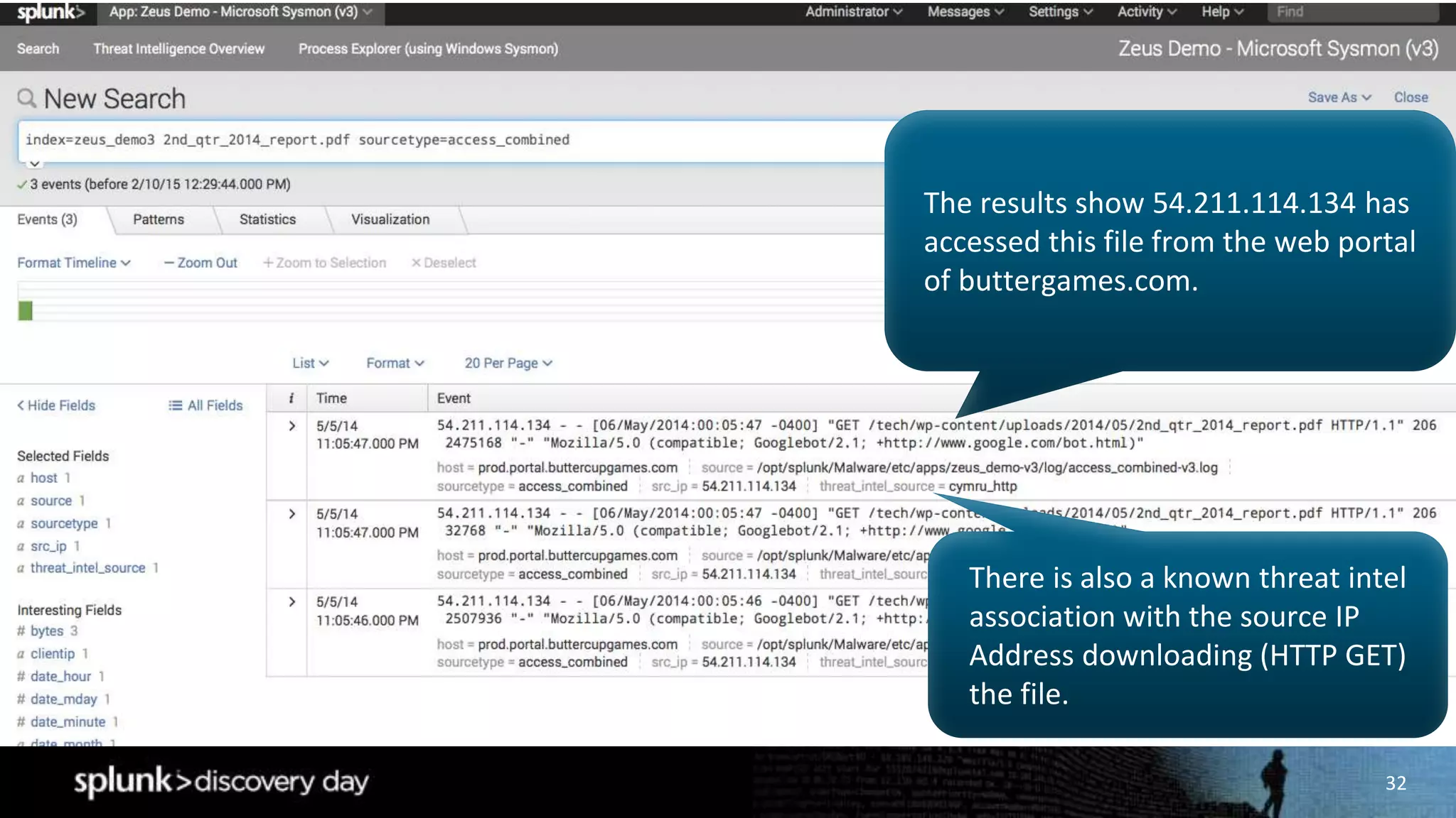 32
The results show 54.211.114.134 has
accessed this file from the web portal
of buttergames.com.
There is also a known threat intel
association with the source IP
Address downloading (HTTP GET)
the file.
 