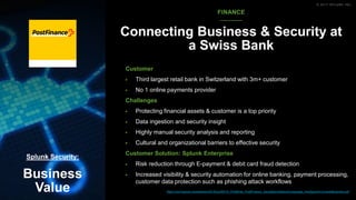 © 2017 SPLUNK INC.
Customer
▶ Third largest retail bank in Switzerland with 3m+ customer
▶ No 1 online payments provider
C...