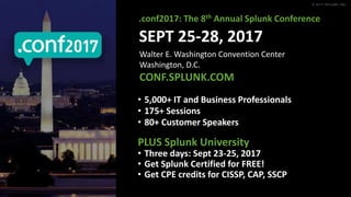 © 2017 SPLUNK INC.
• 5,000+ IT and Business Professionals
• 175+ Sessions
• 80+ Customer Speakers
PLUS Splunk University
•...