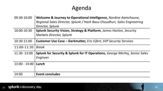 28
Agenda
28
09:30-10:00 Welcome & Journey to Operational Intelligence, Nordine Aamchoune,
Regional Sales Director, Splunk...