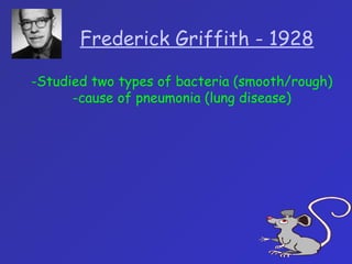 Frederick Griffith - 1928
-Studied two types of bacteria (smooth/rough)
-cause of pneumonia (lung disease)
 