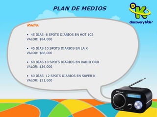 Radio: 
PLAN DE MEDIOS 
• 45 DÍAS 6 SPOTS DIARIOS EN HOT 102 
VALOR: $84,000 
• 45 DÍAS 10 SPOTS DIARIOS EN LA X 
VALOR: $88,000 
• 60 DÍAS 10 SPOTS DIARIOS EN RADIO ORO 
VALOR: $36,000 
• 60 DÍAS 12 SPOTS DIARIOS EN SUPER K 
VALOR: $21,600 
 
