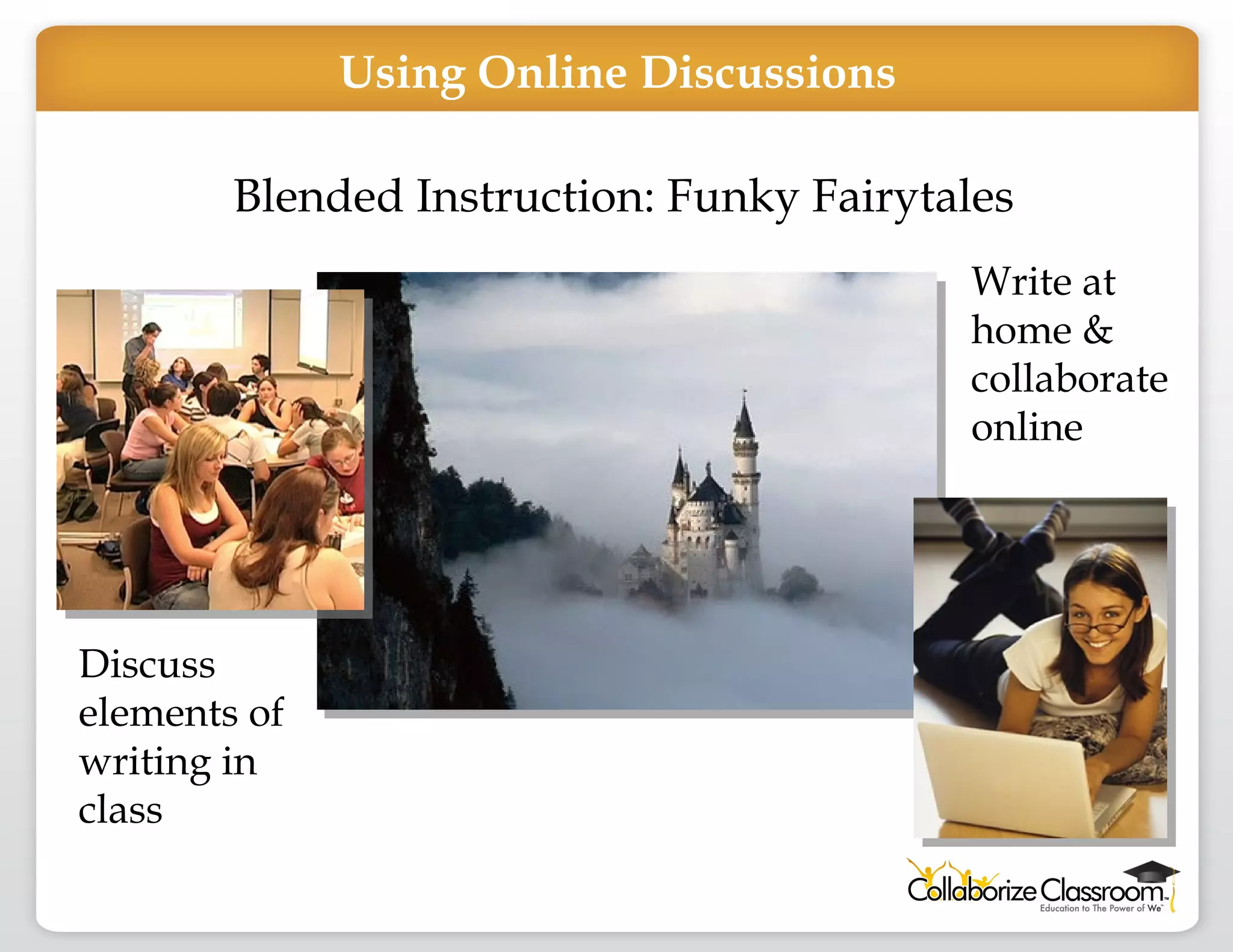 Blended Instruction: Funky Fairytales Discuss elements of writing in class Write at home & collaborate online Using Online Discussions 