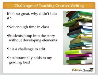 If it’s so great, why didn’t I do it? Not enough time in class Students jump into the story  without developing elements  It is a challenge to edit It substantially adds to my  grading load Challenges of Teaching Creative Writing 