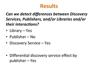 Results	
  
Can	
  we	
  detect	
  diﬀerences	
  between	
  Discovery	
  
Services,	
  Publishers,	
  and/or	
  Libraries	
  and/or	
  
their	
  interac4ons?	
  	
  
•  Library	
  –	
  Yes	
  
•  Publisher	
  –	
  No	
  
•  Discovery	
  Service	
  –	
  Yes	
  
•  DiﬀerenNal	
  discovery	
  service	
  eﬀect	
  by	
  
publisher	
  –	
  Yes	
  
 