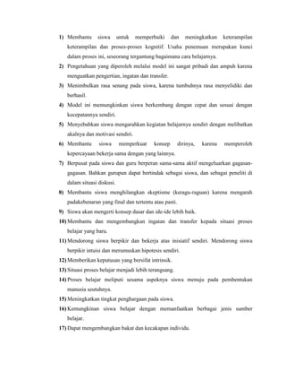 1) Membantu siswa untuk memperbaiki dan meningkatkan keterampilan
keterampilan dan proses-proses kognitif. Usaha penemuan merupakan kunci
dalam proses ini, seseorang tergantung bagaimana cara belajarnya.
2) Pengetahuan yang diperoleh melalui model ini sangat pribadi dan ampuh karena
menguatkan pengertian, ingatan dan transfer.
3) Menimbulkan rasa senang pada siswa, karena tumbuhnya rasa menyelidiki dan
berhasil.
4) Model ini memungkinkan siswa berkembang dengan cepat dan sesuai dengan
kecepatannya sendiri.
5) Menyebabkan siswa mengarahkan kegiatan belajarnya sendiri dengan melibatkan
akalnya dan motivasi sendiri.
6) Membantu siswa memperkuat konsep dirinya, karena memperoleh
kepercayaan bekerja sama dengan yang lainnya.
7) Berpusat pada siswa dan guru berperan sama-sama aktif mengeluarkan gagasan-
gagasan. Bahkan gurupun dapat bertindak sebagai siswa, dan sebagai peneliti di
dalam situasi diskusi.
8) Membantu siswa menghilangkan skeptisme (keragu-raguan) karena mengarah
padakebenaran yang final dan tertentu atau pasti.
9) Siswa akan mengerti konsep dasar dan ide-ide lebih baik.
10) Membantu dan mengembangkan ingatan dan transfer kepada situasi proses
belajar yang baru.
11) Mendorong siswa berpikir dan bekerja atas inisiatif sendiri. Mendorong siswa
berpikir intuisi dan merumuskan hipotesis sendiri.
12) Memberikan keputusan yang bersifat intrinsik.
13) Situasi proses belajar menjadi lebih terangsang.
14) Proses belajar meliputi sesama aspeknya siswa menuju pada pembentukan
manusia seutuhnya.
15) Meningkatkan tingkat penghargaan pada siswa.
16) Kemungkinan siswa belajar dengan memanfaatkan berbagai jenis sumber
belajar.
17) Dapat mengembangkan bakat dan kecakapan individu.
 