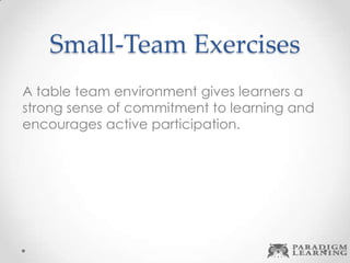 Small-Team Exercises
A table team environment gives learners a
strong sense of commitment to learning and
encourages active participation.
 