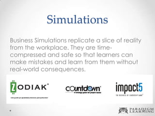 Simulations
Business Simulations replicate a slice of reality
from the workplace. They are time-
compressed and safe so that learners can
make mistakes and learn from them without
real-world consequences.
 