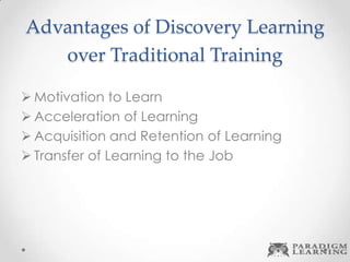 Advantages of Discovery Learning
over Traditional Training
 Motivation to Learn
 Acceleration of Learning
 Acquisition and Retention of Learning
 Transfer of Learning to the Job
 