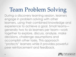 Team Problem Solving
During a discovery learning session, learners
engage in problem solving with other
learners, using their combined knowledge and
experience to achieve a goal. Small teams—
generally two to six learners per team—work
together to explore, discuss, analyze, make
decisions, challenge assumptions and
accomplish other tasks. This approach
“protects” learners while it provides powerful
peer reinforcement and feedback.
 