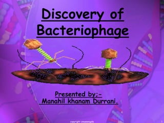 1
Discovery of
Bacteriophage
copyright cmassengale
Presented by;-
Manahil khanam Durrani.
 