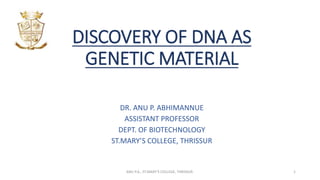 DISCOVERY OF DNA AS
GENETIC MATERIAL
DR. ANU P. ABHIMANNUE
ASSISTANT PROFESSOR
DEPT. OF BIOTECHNOLOGY
ST.MARY’S COLLEGE, THRISSUR
ANU P.A., ST.MARY'S COLLEGE, THRISSUR. 1
 