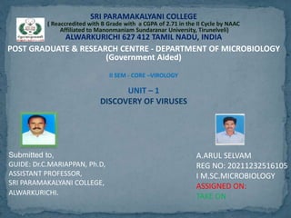 SRI PARAMAKALYANI COLLEGE
( Reaccredited with B Grade with a CGPA of 2.71 in the II Cycle by NAAC
Affiliated to Manonmaniam Sundaranar University, Tirunelveli)
ALWARKURICHI 627 412 TAMIL NADU, INDIA
POST GRADUATE & RESEARCH CENTRE - DEPARTMENT OF MICROBIOLOGY
(Government Aided)
II SEM - CORE –VIROLOGY
UNIT – 1
DISCOVERY OF VIRUSES
A.ARUL SELVAM
REG NO: 20211232516105
I M.SC.MICROBIOLOGY
ASSIGNED ON:
TAKE ON :
Submitted to,
GUIDE: Dr.C.MARIAPPAN, Ph.D,
ASSISTANT PROFESSOR,
SRI PARAMAKALYANI COLLEGE,
ALWARKURICHI.
 