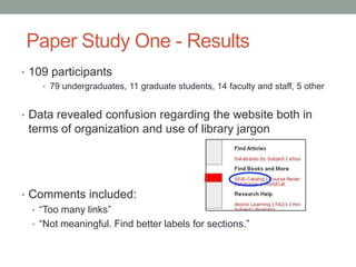 Paper Study One - Results
• 109 participants
     • 79 undergraduates, 11 graduate students, 14 faculty and staff, 5 other


• Data revealed confusion regarding the website both in
 terms of organization and use of library jargon




• Comments included:
  • “Too many links”
  • “Not meaningful. Find better labels for sections.”
 
