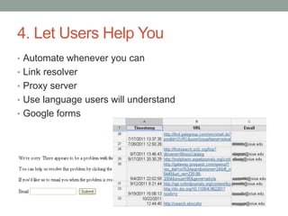 4. Let Users Help You
• Automate whenever you can
• Link resolver
• Proxy server
• Use language users will understand
• Google forms
 
