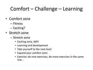 Comfort – Challenge – Learning
• Comfort zone
– Fitness
– Exciting?
• Stretch zone
– Stretch zone
• Exciting zone, défi!
• Learning and development
• Take yourself to the next level
• Expand your comfort zone
• Exercise: do new exercises, do more exercises in the same
row…
 