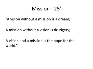 Mission - 25’
“A vision without a mission is a dream;
A mission without a vision is drudgery;
A vision and a mission is the hope for the
world.”
 