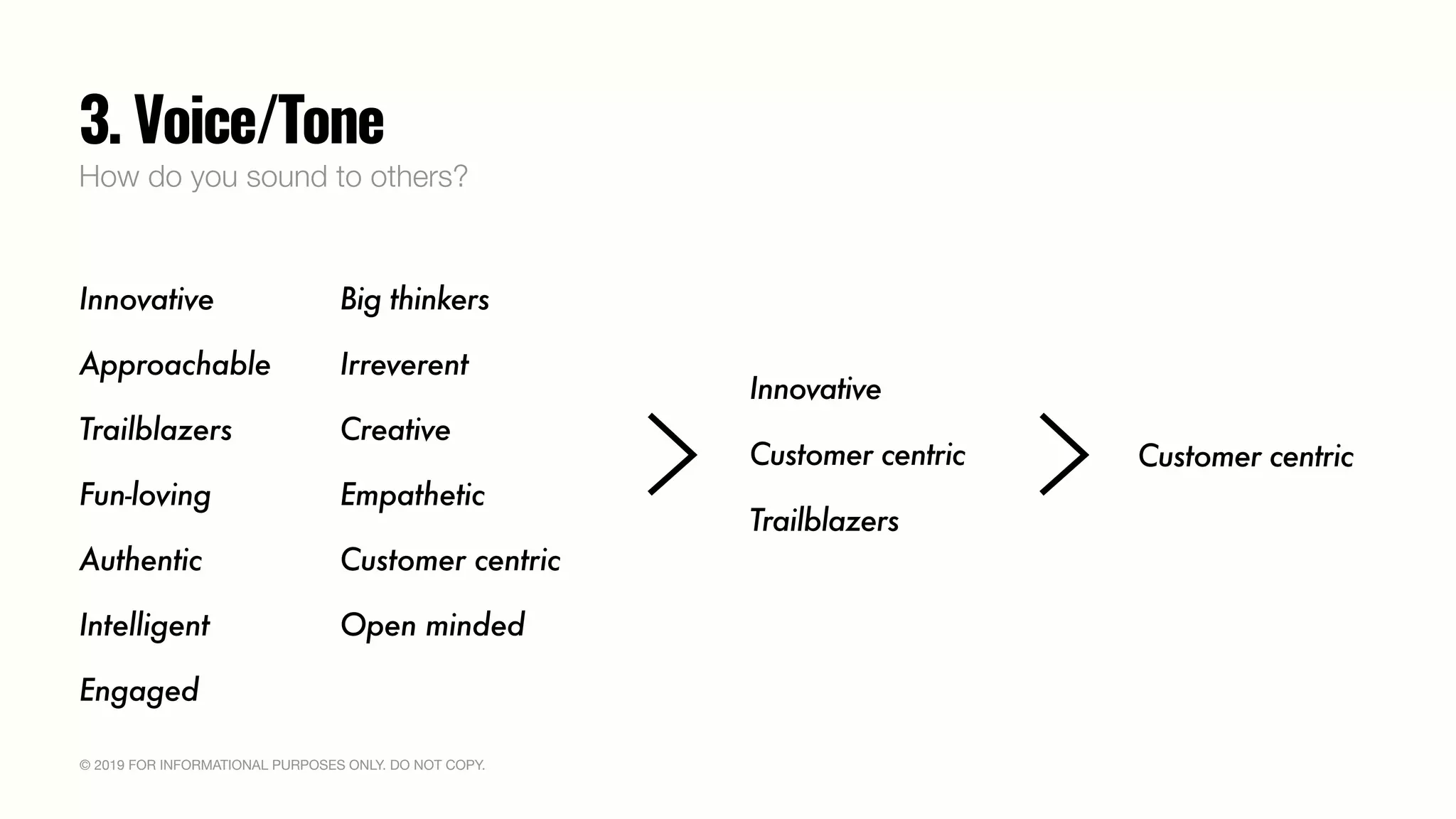 © 2019 FOR INFORMATIONAL PURPOSES ONLY. DO NOT COPY.
3. Voice/Tone
Innovative
How do you sound to others?
Approachable
Trailblazers
Fun-loving
Authentic
Intelligent
Engaged
Big thinkers
Irreverent
Creative
Empathetic
Customer centric
Open minded
Innovative
Trailblazers
Customer centric Customer centric
 