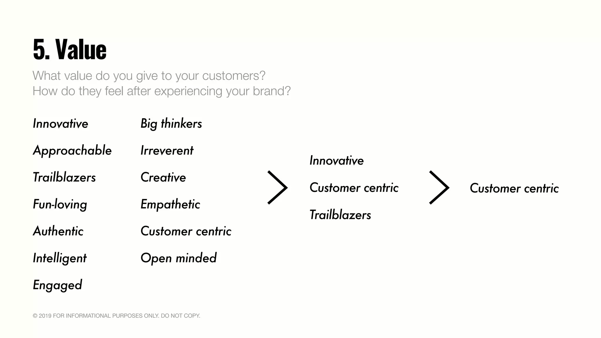 © 2019 FOR INFORMATIONAL PURPOSES ONLY. DO NOT COPY.
5. Value
Innovative
What value do you give to your customers?
How do they feel after experiencing your brand?
Approachable
Trailblazers
Fun-loving
Authentic
Intelligent
Engaged
Big thinkers
Irreverent
Creative
Empathetic
Customer centric
Open minded
Innovative
Trailblazers
Customer centric Customer centric
 