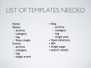 LIST OF TEMPLATES NEEDED 
Home 
Shows 
◦ archive 
◦ category 
◦ tag 
◦ Show single 
Events 
◦ archive 
◦ category 
◦ tag 
...