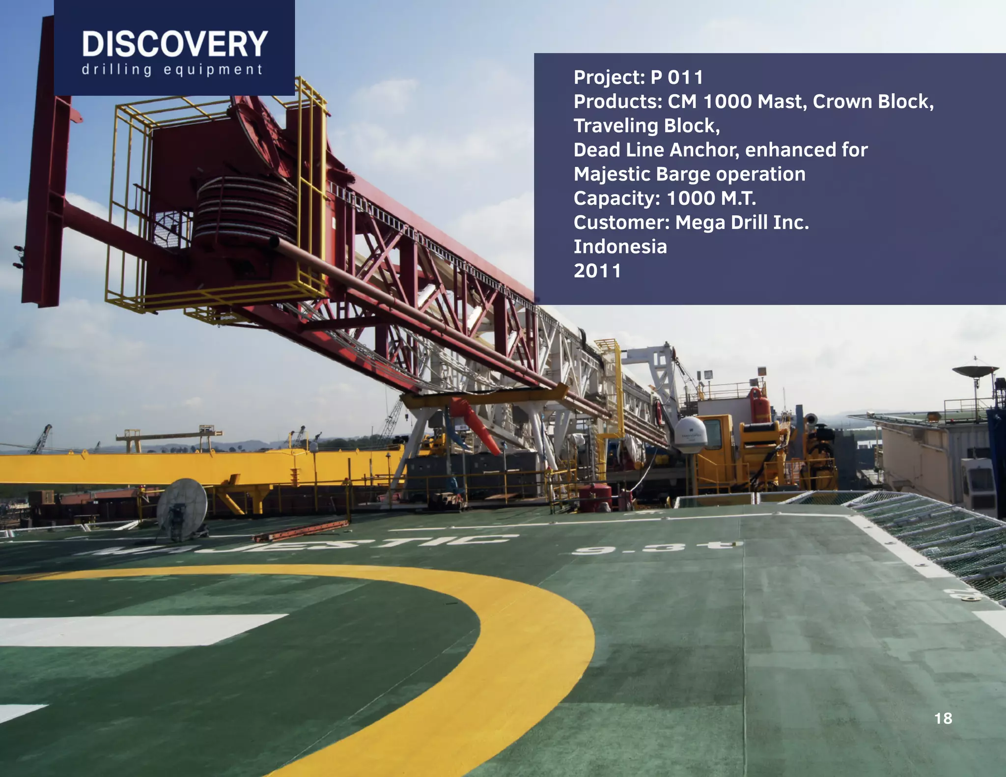 18
Project: P 011
Products: CM 1000 Mast, Crown Block,
Traveling Block,
Dead Line Anchor, enhanced for
Majestic Barge operation
Capacity: 1000 M.T.
Customer: Mega Drill Inc.
Indonesia
2011
18
 