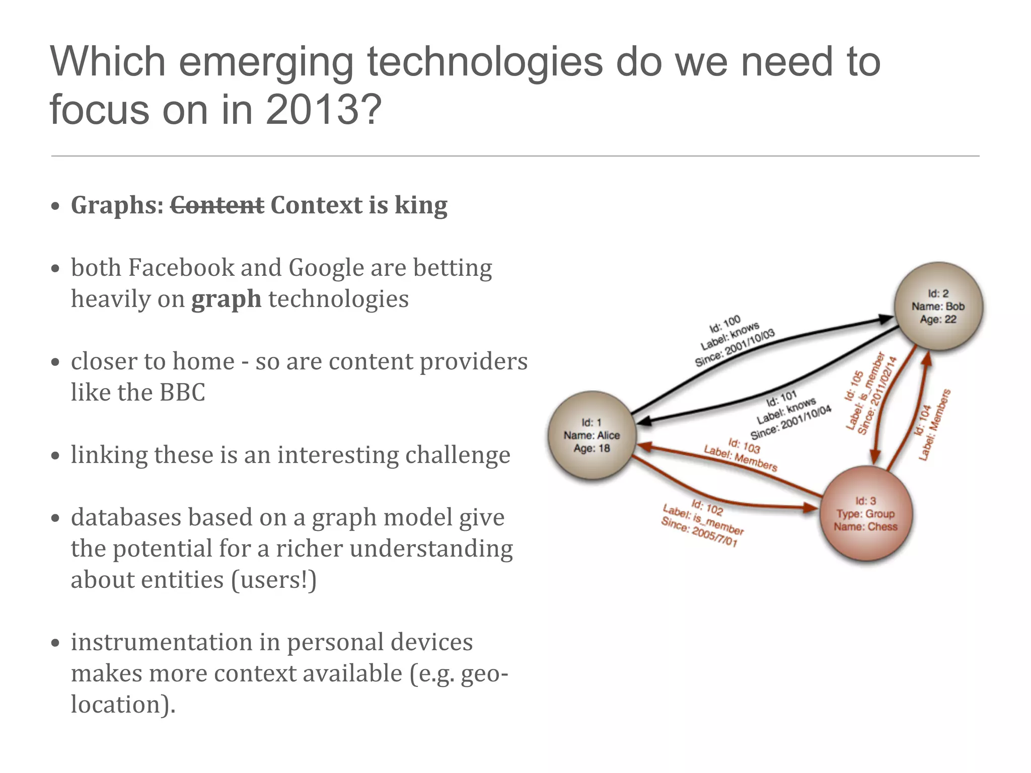 Which emerging technologies do we need to
focus on in 2013?

• Graphs:	
  Content	
  Context	
  is	
  king

• both	
  Facebook	
  and	
  Google	
  are	
  betting	
  
  heavily	
  on	
  graph	
  technologies

• closer	
  to	
  home	
  -­‐	
  so	
  are	
  content	
  providers	
  
  like	
  the	
  BBC

• linking	
  these	
  is	
  an	
  interesting	
  challenge

• databases	
  based	
  on	
  a	
  graph	
  model	
  give	
  
  the	
  potential	
  for	
  a	
  richer	
  understanding	
  
  about	
  entities	
  (users!)

• instrumentation	
  in	
  personal	
  devices	
  
  makes	
  more	
  context	
  available	
  (e.g.	
  geo-­‐
  location).
 