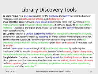 Library Discovery Tools
Ex Libris Primo: “is a one-stop solution for the discovery and delivery of local and remote
resources, such as books, journal articles, and digital objects.”
OCLC WorldCat Local: “delivers single-search-box access to more than 922 million items
from your library and the world's library collections. It connects people to all your library's
materials—electronic and digital and physical—as well as to the delivery services that get
them what they need.”
EBSCO EDS: “creates a unified, customized index of an institution’s information resources,
and an easy, yet powerful means of accessing all of that content from a single search box.”
SerialsSolutions SUMMON: “enables a familiar web-searching experience of the full
breadth of content found in library collections—from books and videos to e-resources such
as articles.”
VuFind: “search and browse through all of your library's resources by replacing the
traditional OPAC to include: Catalog Records, Locally Cached Journals, Digital Library Items,
Institutional Repository, Institutional Bibliography, Other Library Collections and Resources ”
GoogleScholar: “provides a simple way to broadly search for scholarly literature. From one
place, you can search across many disciplines and sources: articles, theses, books, abstracts
and court opinions, from academic publishers, professional societies, online repositories,
universities and other web sites ”

   May 18, 2012                   Discovery tools: a rearguard action? ELAG2012            13
 