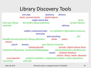 Library Discovery Tools
Ex Libris Primo: “is a one-stop solution for the discovery and delivery of local and remote
resources, such as books, journal articles, and digital objects.”
OCLC WorldCat Local: “delivers single-search-box access to more than 922 million items
from your library and the world's library collections. It connects people to all your library's
materials—electronic and digital and physical—as well as to the delivery services that get
them what they need.”
EBSCO EDS: “creates a unified, customized index of an institution’s information resources,
and an easy, yet powerful means of accessing all of that content from a single search box.”
SerialsSolutions SUMMON: “enables a familiar web-searching experience of the full
breadth of content found in library collections—from books and videos to e-resources such
as articles.”
VuFind: “search and browse through all of your library's resources by replacing the
traditional OPAC to include: Catalog Records, Locally Cached Journals, Digital Library Items,
Institutional Repository, Institutional Bibliography, Other Library Collections and Resources ”
GoogleScholar: “provides a simple way to broadly search for scholarly literature. From one
place, you can search across many disciplines and sources: articles, theses, books, abstracts
and court opinions, from academic publishers, professional societies, online repositories,
universities and other web sites ”

   May 18, 2012                   Discovery tools: a rearguard action? ELAG2012            14
 