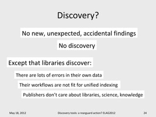 Discovery?
        No new, unexpected, accidental findings
                          No discovery

Except that libraries discover:
    There are lots of errors in their own data
       Their workflows are not fit for unified indexing
         Publishers don’t care about libraries, science, knowledge


May 18, 2012             Discovery tools: a rearguard action? ELAG2012   24
 