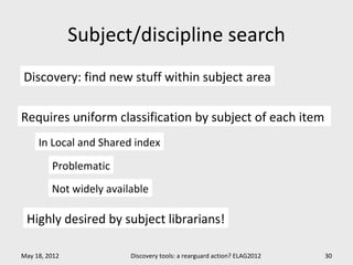Subject/discipline search
Discovery: find new stuff within subject area

Requires uniform classification by subject of each item
     In Local and Shared index
         Problematic
         Not widely available

 Highly desired by subject librarians!

May 18, 2012             Discovery tools: a rearguard action? ELAG2012   30
 