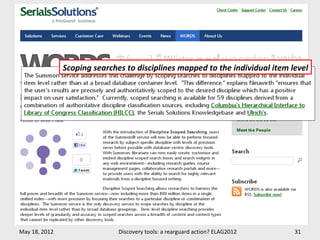 Scoping searches to disciplines mapped to the individual item level




May 18, 2012                  Discovery tools: a rearguard action? ELAG2012   31
 