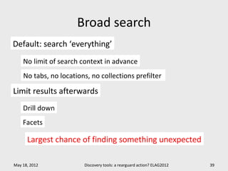 Broad search
Default: search ‘everything’
    No limit of search context in advance
    No tabs, no locations, no collections prefilter

Limit results afterwards
    Drill down
    Facets

      Largest chance of finding something unexpected

May 18, 2012            Discovery tools: a rearguard action? ELAG2012   39
 