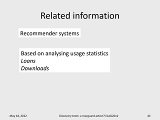 Related information
       Recommender systems


       Based on analysing usage statistics
       Loans
       Downloads




May 18, 2012          Discovery tools: a rearguard action? ELAG2012   43
 