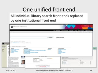 One unified front end
     All individual library search front ends replaced
     by one institutional front end




May 18, 2012          Discovery tools: a rearguard action? ELAG2012   46
 
