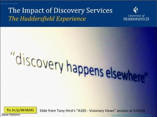 Slide from Tony Hirst's "A105 - Visionary Views" session at ILI2010
Dave Pattern                                                http://www.daveyp.com/blog/archives/1722
 