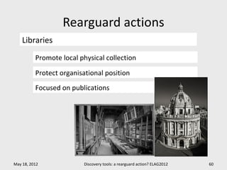 Rearguard actions
    Libraries
          Promote local physical collection

          Protect organisational position
          Focused on publications




May 18, 2012             Discovery tools: a rearguard action? ELAG2012   60
 