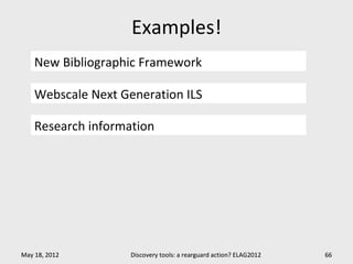 Examples!
    New Bibliographic Framework

    Webscale Next Generation ILS

    Research information




May 18, 2012        Discovery tools: a rearguard action? ELAG2012   66
 