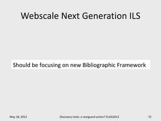Webscale Next Generation ILS



  Should be focusing on new Bibliographic Framework




May 18, 2012       Discovery tools: a rearguard action? ELAG2012   72
 