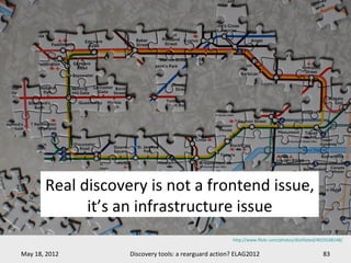 Real discovery is not a frontend issue,
             it’s an infrastructure issue
                                                      http://www.flickr.com/photos/distillated/4019168148/

May 18, 2012       Discovery tools: a rearguard action? ELAG2012                                83
 