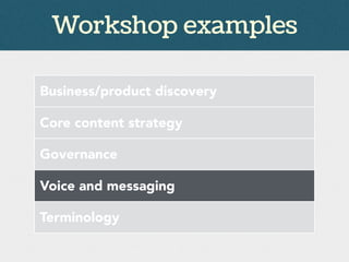 Workshop examples
Business/product discovery
Core content strategy
Governance
Voice and messaging
Terminology
 