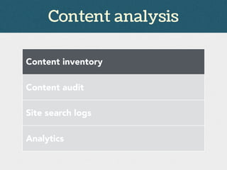 Content analysis
Content inventory
Content audit
Site search logs
Analytics
 