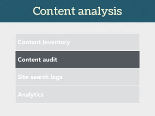 Content analysis
Content inventory
Content audit
Site search logs
Analytics
 