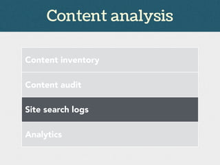 Content analysis
Content inventory
Content audit
Site search logs
Analytics
 