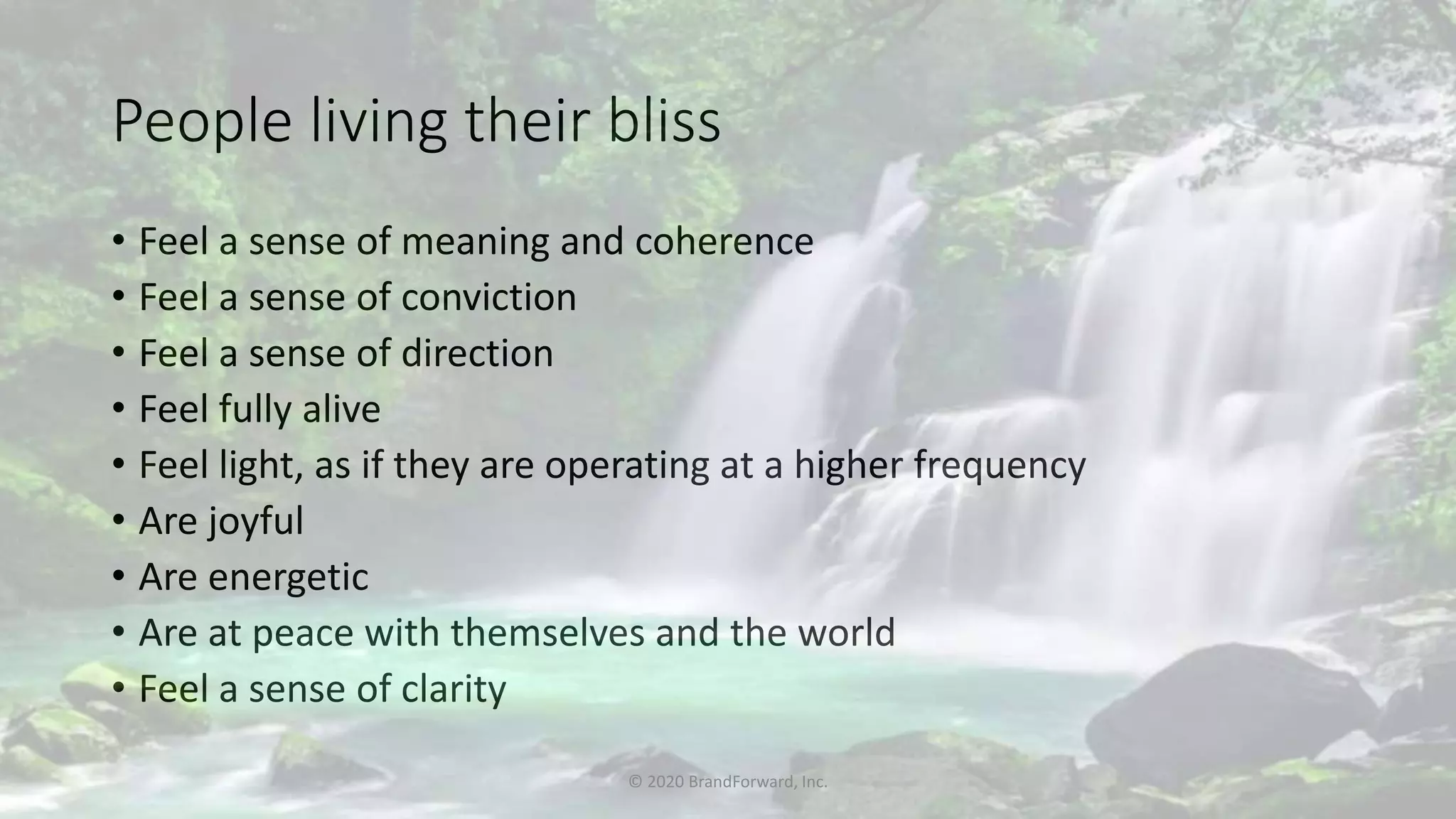 People living their bliss
• Feel a sense of meaning and coherence
• Feel a sense of conviction
• Feel a sense of direction
• Feel fully alive
• Feel light, as if they are operating at a higher frequency
• Are joyful
• Are energetic
• Are at peace with themselves and the world
• Feel a sense of clarity
© 2020 BrandForward, Inc.
 